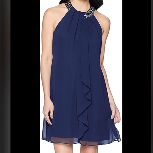 SLNY Sleeveless Halter Beaded Neck Flowing Layered Navy Dress Women’s 14 NEW - Picture 1 of 12